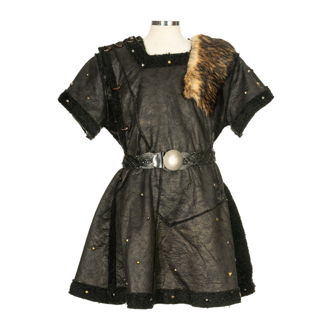 Barbarian-style faux leather tunic with fur accent, front view, LARP costume.