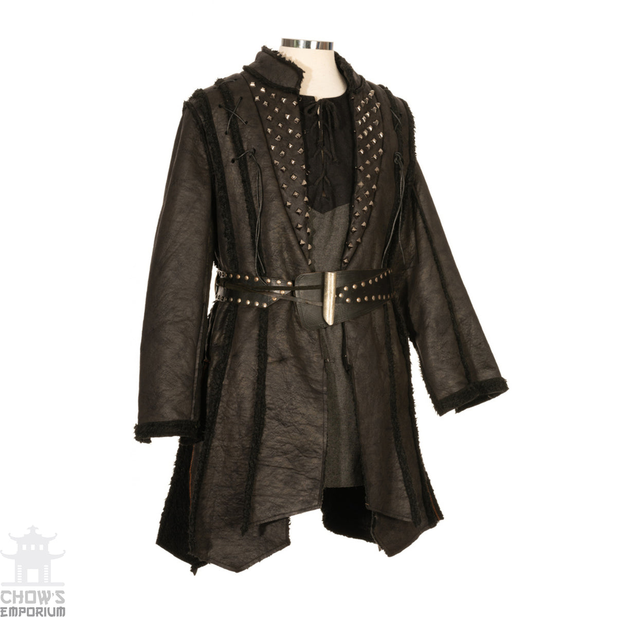 Black medieval LARP jacket with studded front and wide belt detail.