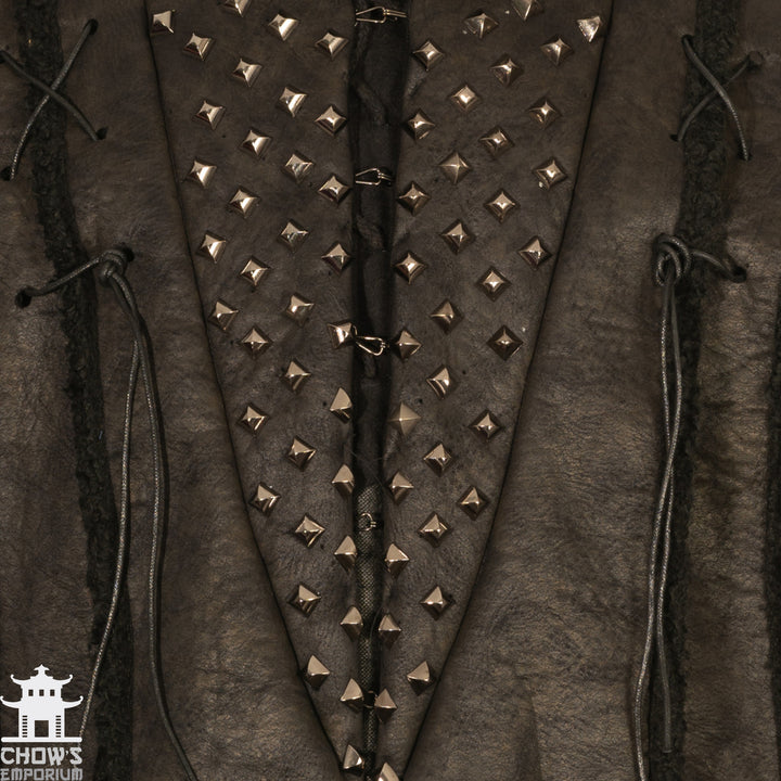 Dark Warrior LARP Outfit - 3 Pieces; Jacket, Ornate Hood, Vambraces - Black Faux Leather Fleece Lined - Chows Emporium Ltd