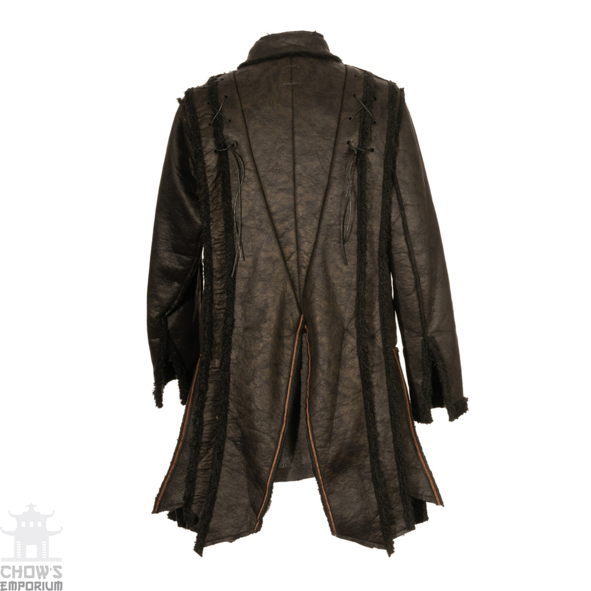 Back view of LARP warrior jacket with detailed trim and layered back.