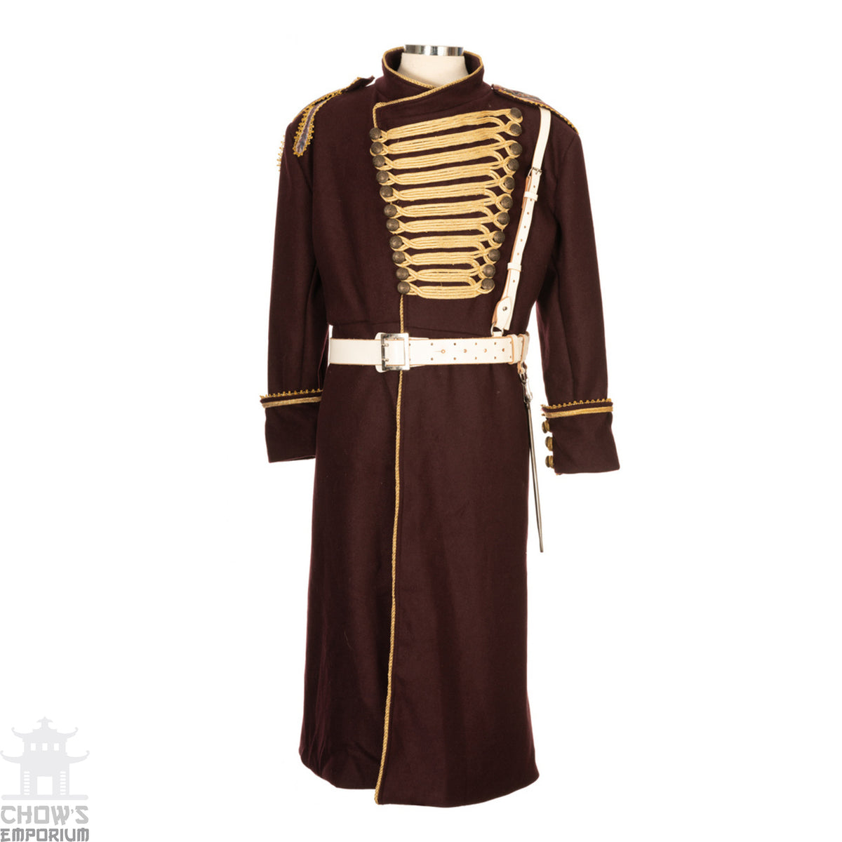 Maroon pirate coat with gold accents, front view, for LARP events.