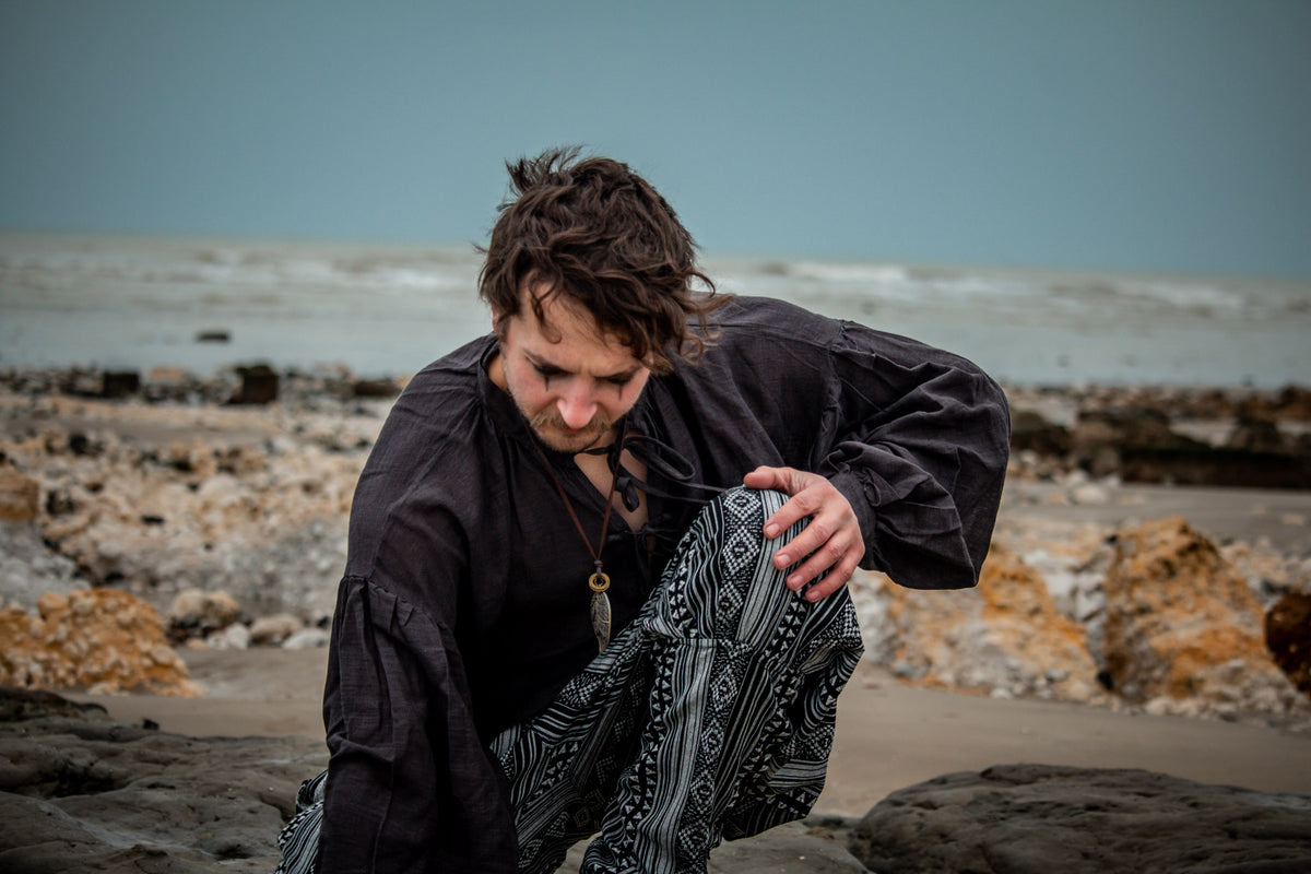 dark grey medieval shirt styled for fantasy events.