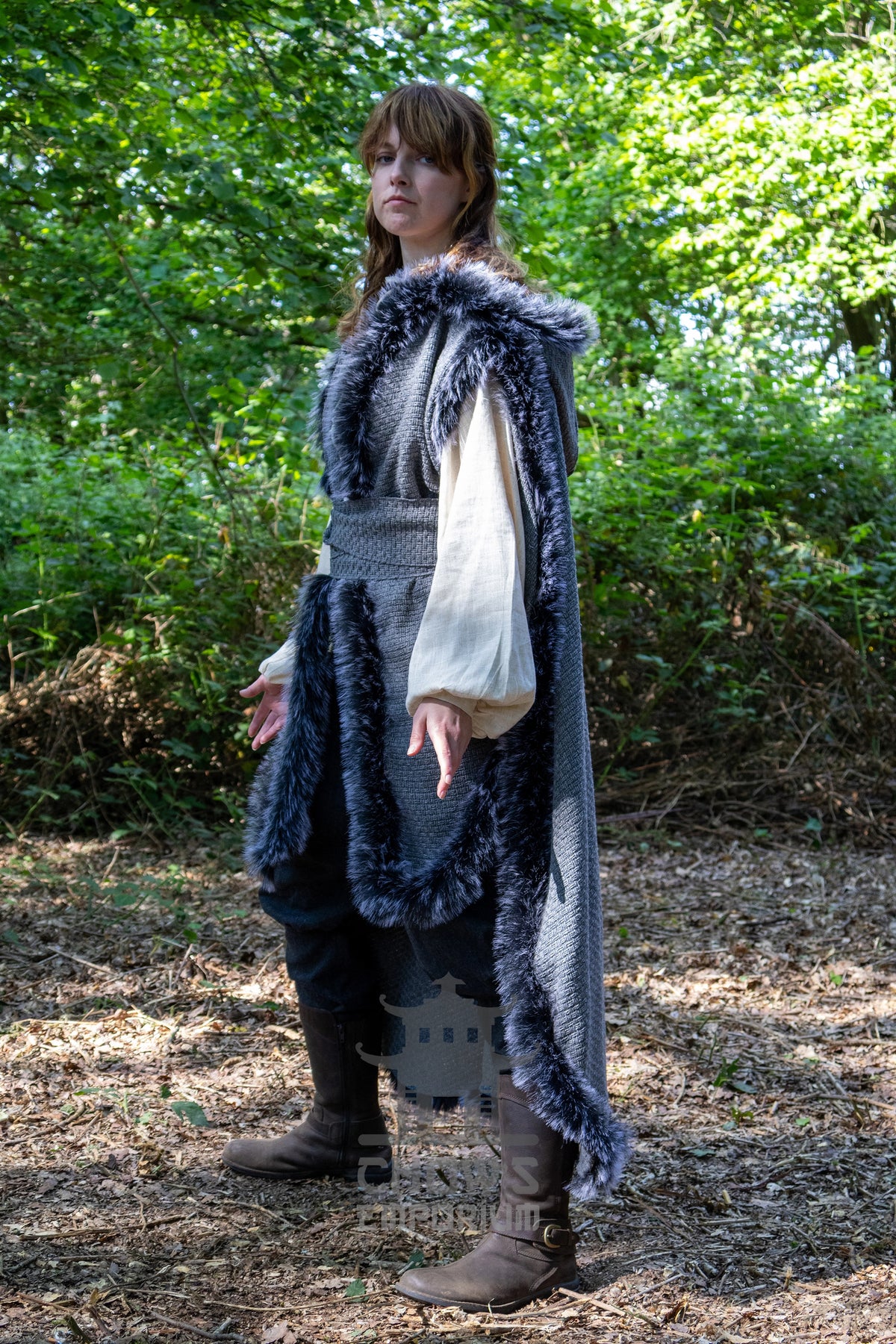 Grey Viking Fur-Trim Cape with Sash