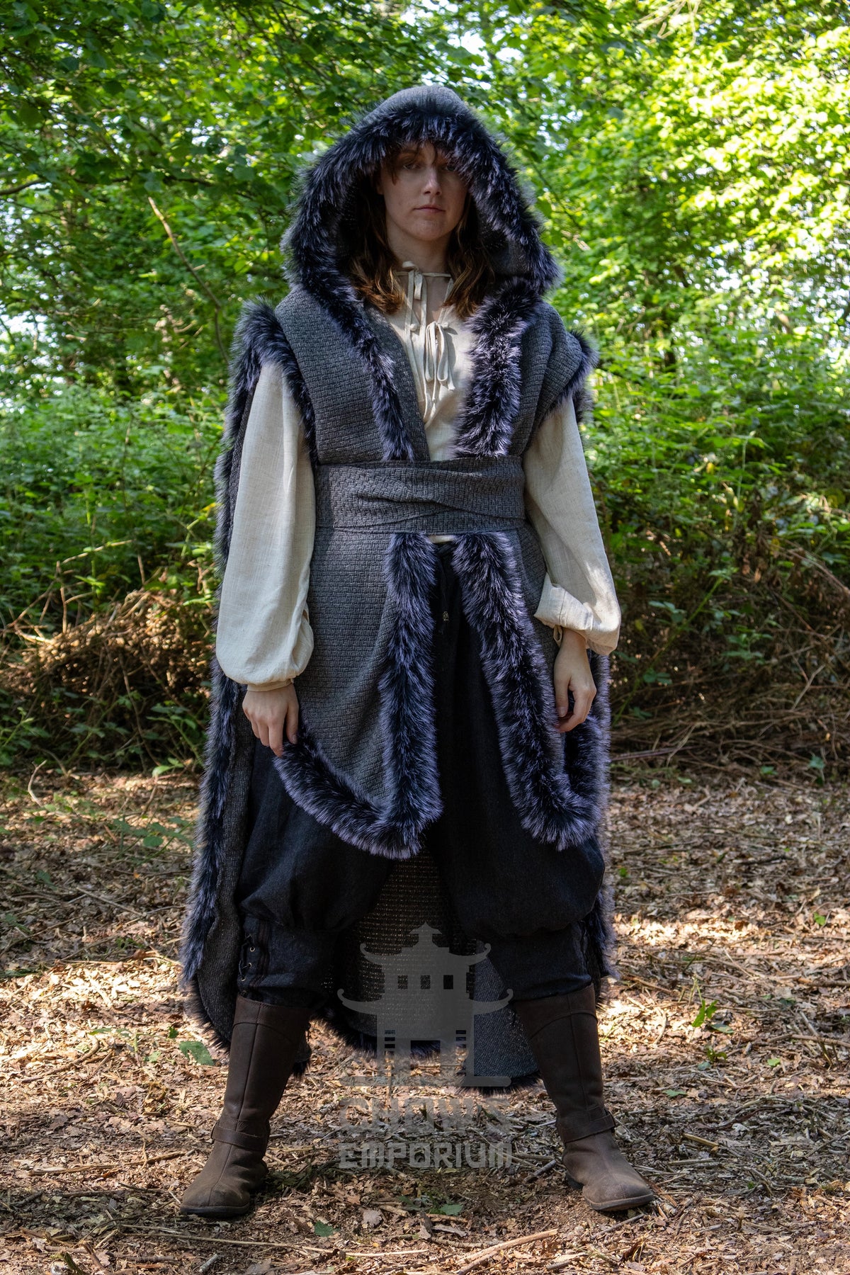 Grey Viking Fur-Trim Cape with Sash