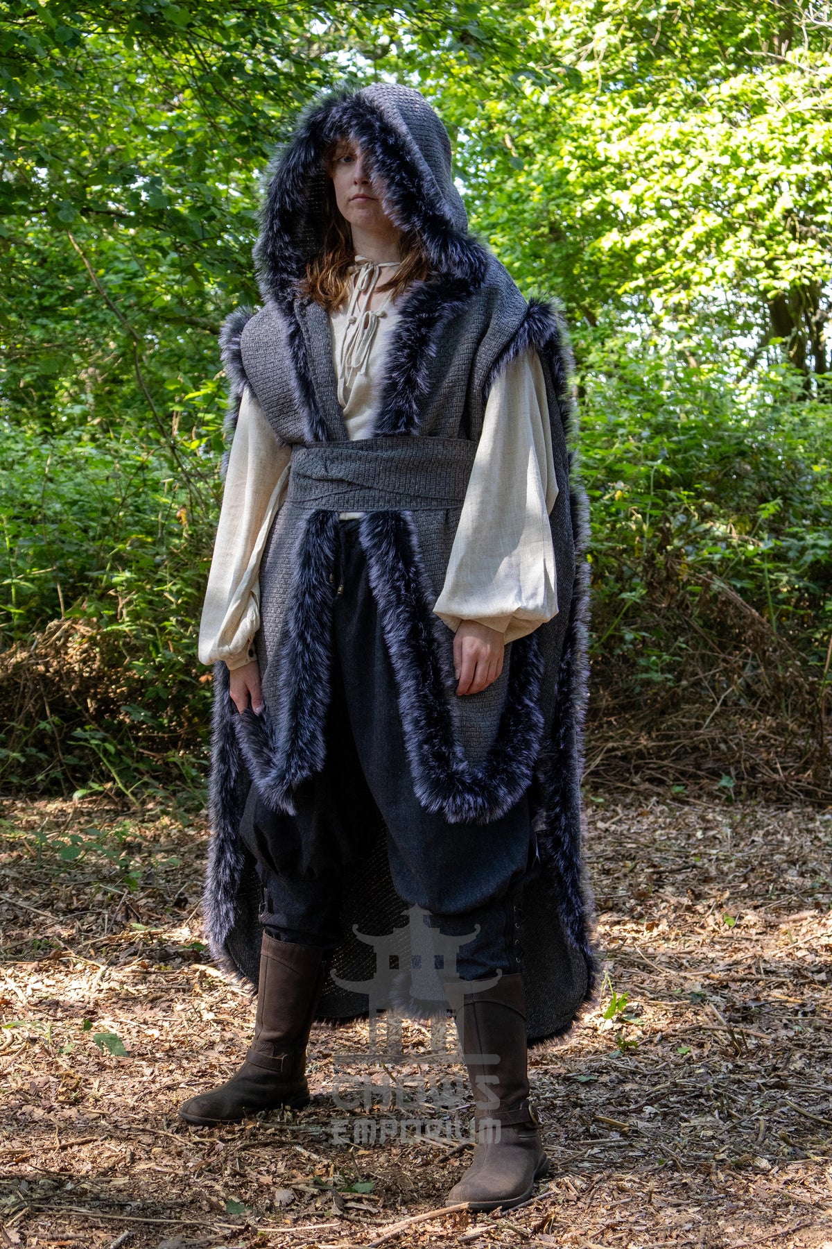 Grey Viking Fur-Trim Cape with Sash