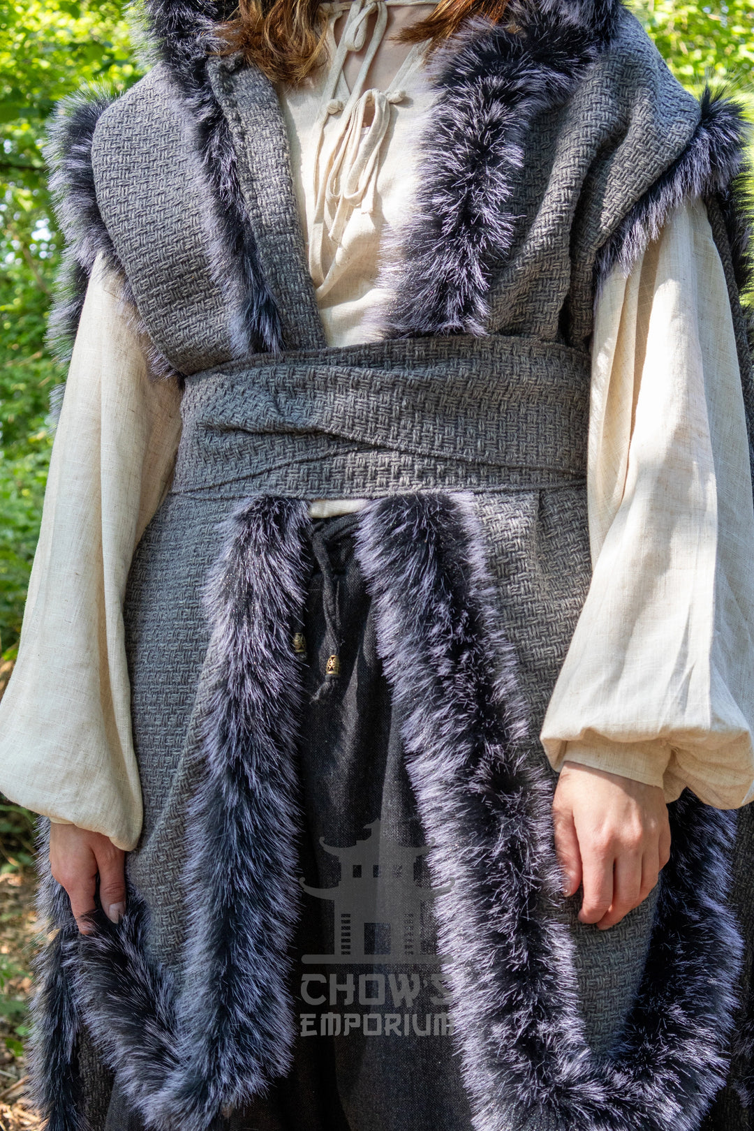 Grey Viking Fur-Trim Cape with Sash