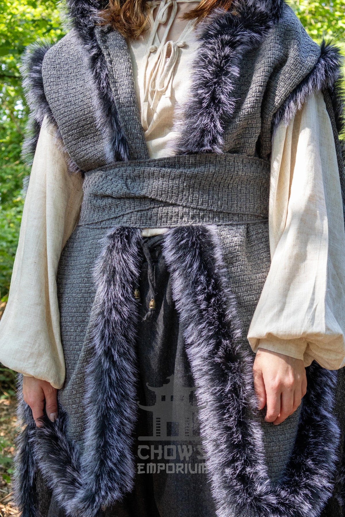 Grey Viking Fur-Trim Cape with Sash