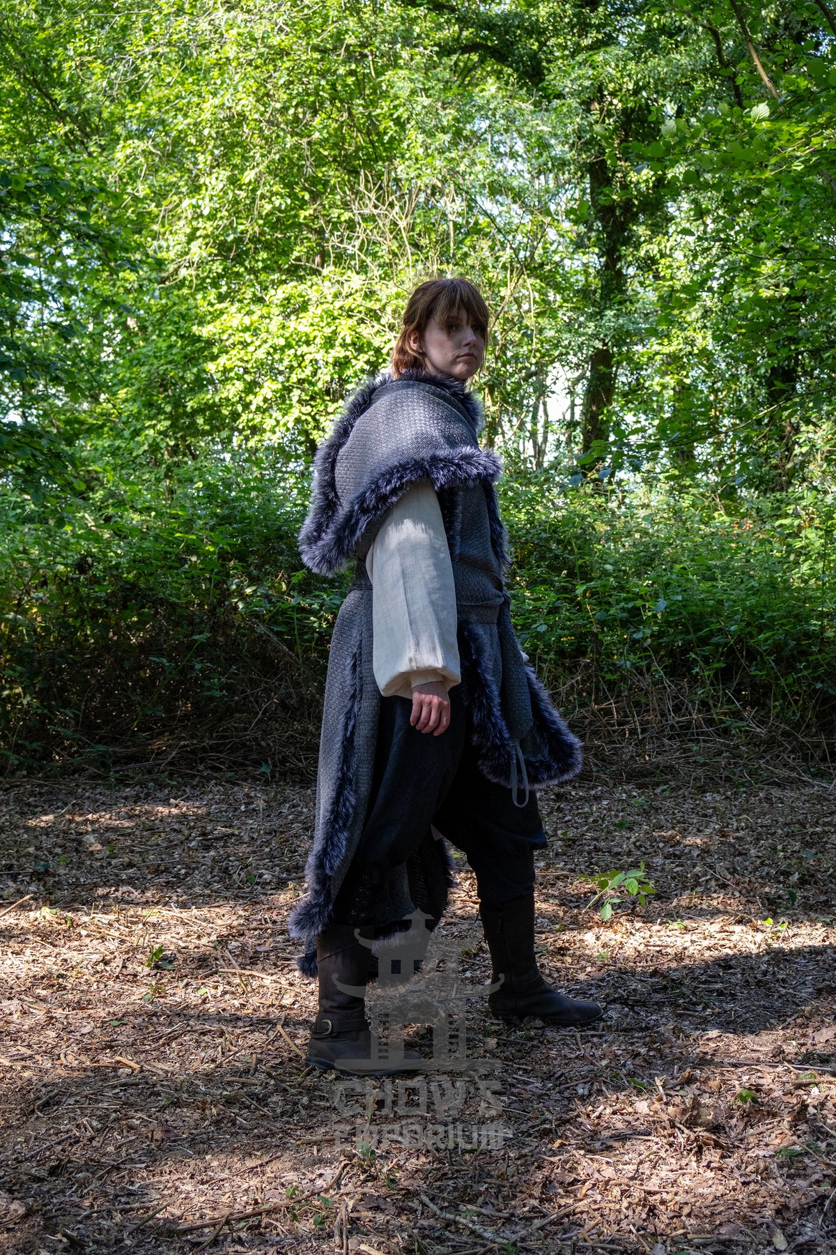Grey Viking Fur-Trim Cape with Sash