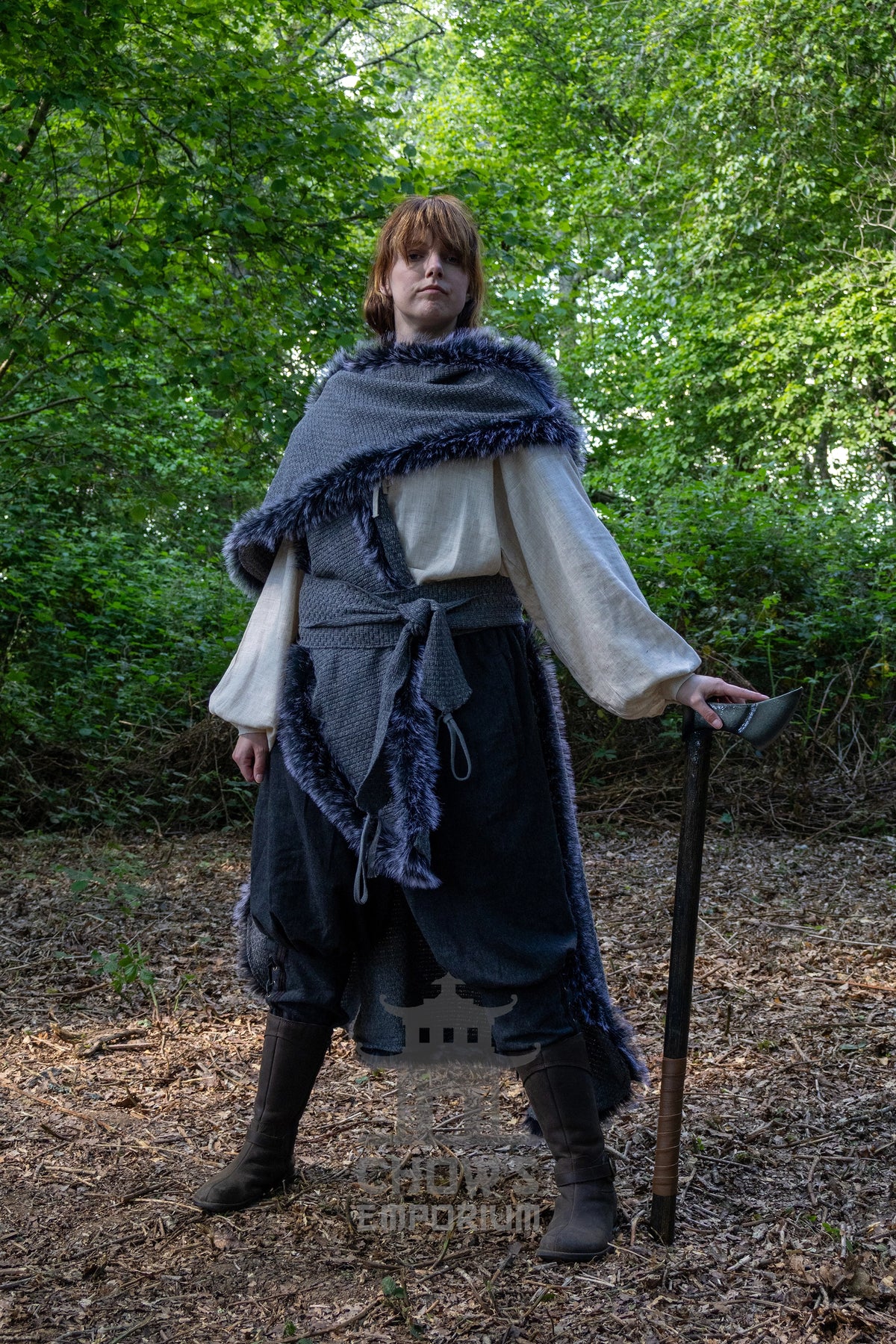 Grey Viking Fur-Trim Cape with Sash