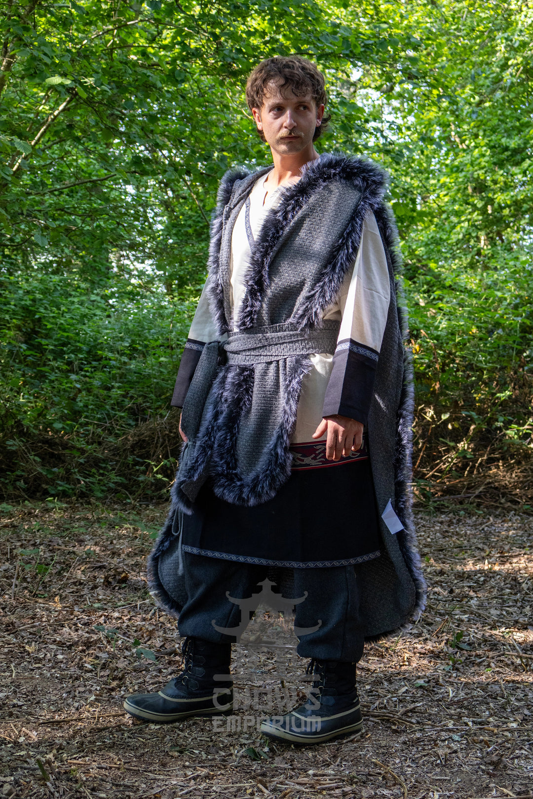 Grey Viking Fur-Trim Cape with Sash