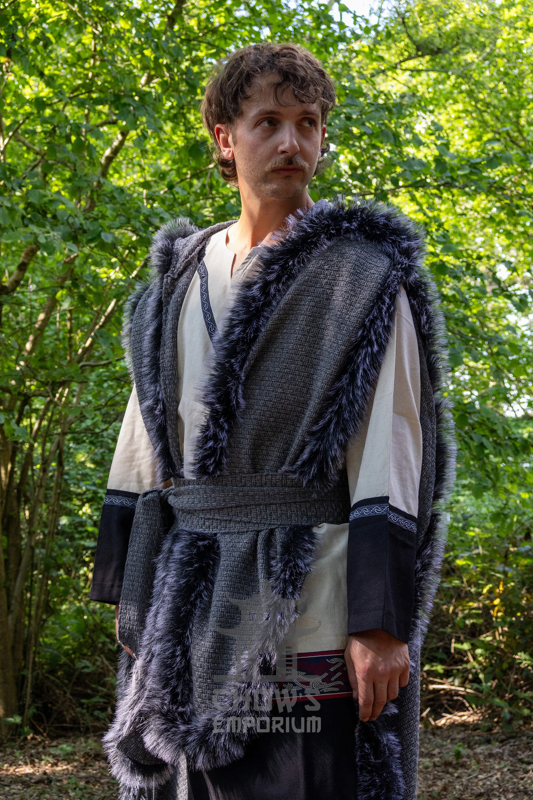 Grey Viking Fur-Trim Cape with Sash