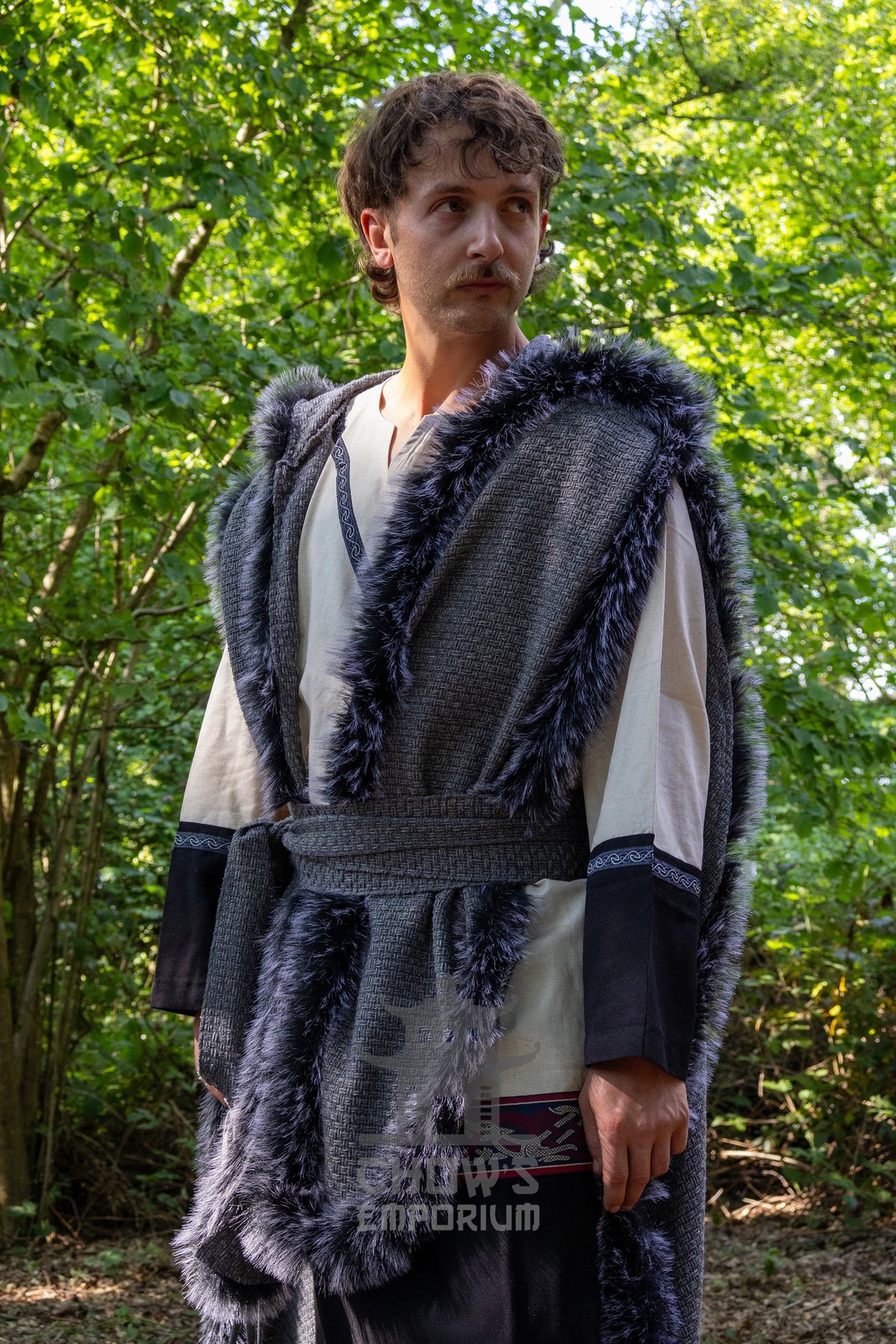 Grey Viking Fur-Trim Cape with Sash