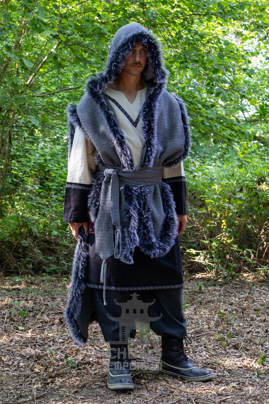 Grey Viking Fur-Trim Cape with Sash
