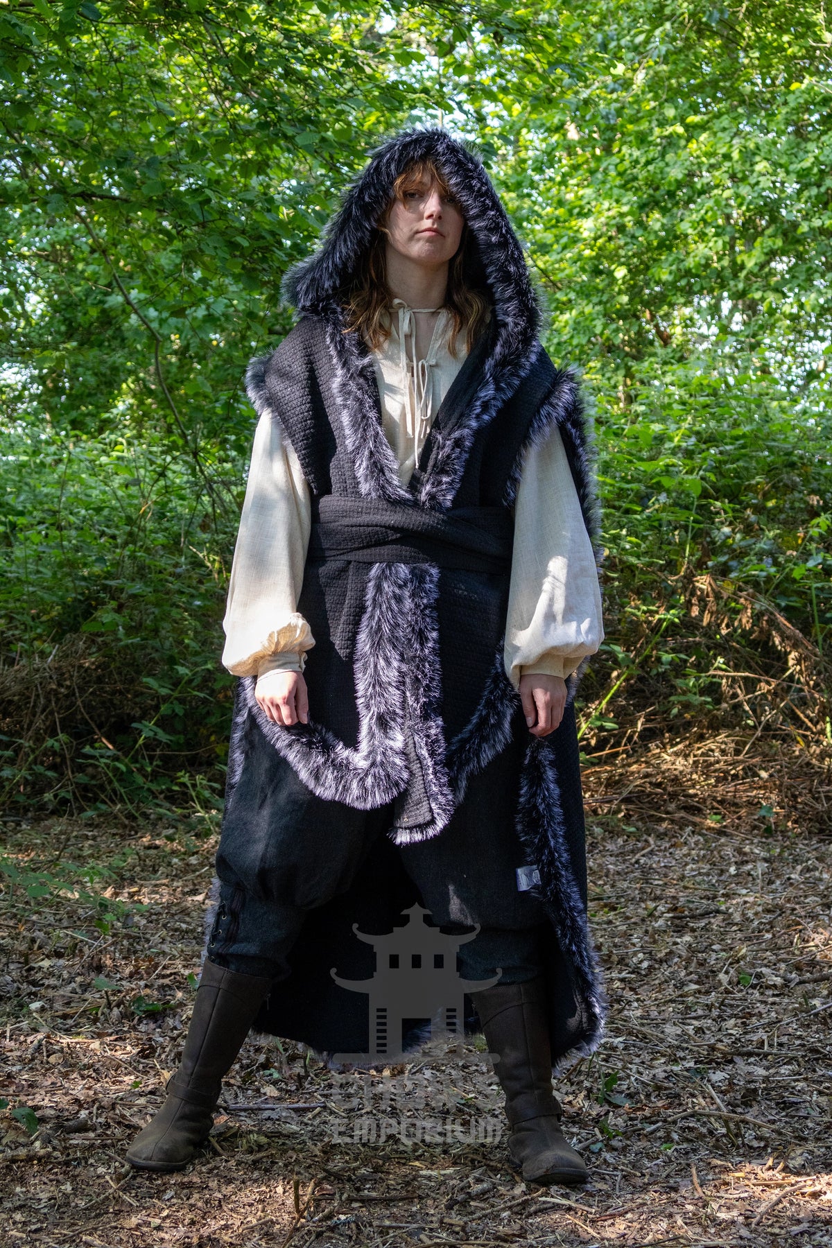 Black Viking Fur-Trim Cape with Sash