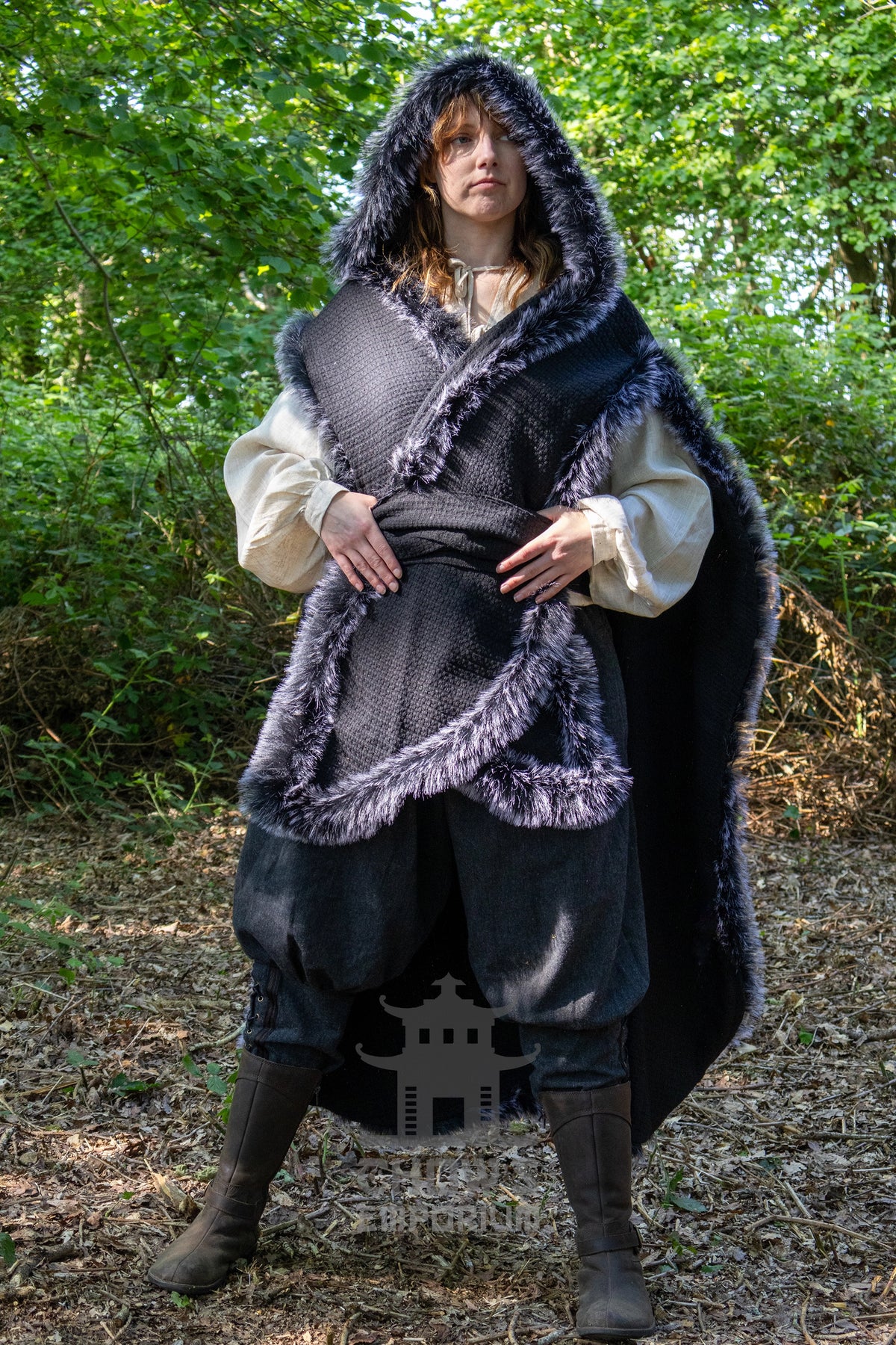 Black Viking Fur-Trim Cape with Sash