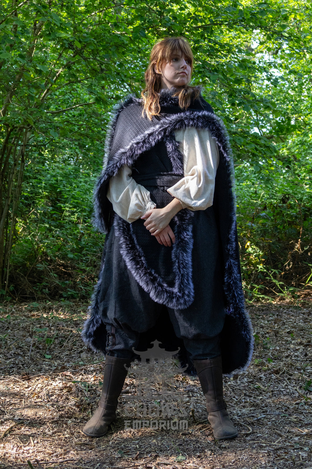 Black Viking Fur-Trim Cape with Sash