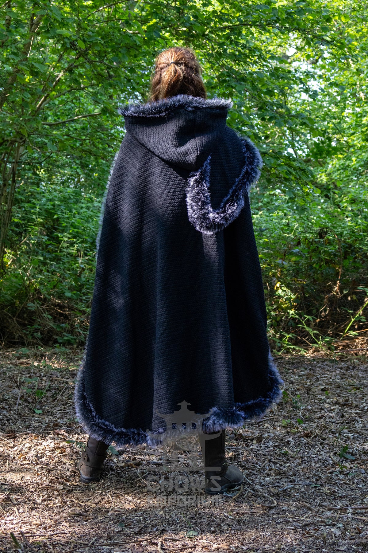 Black Viking Fur-Trim Cape with Sash