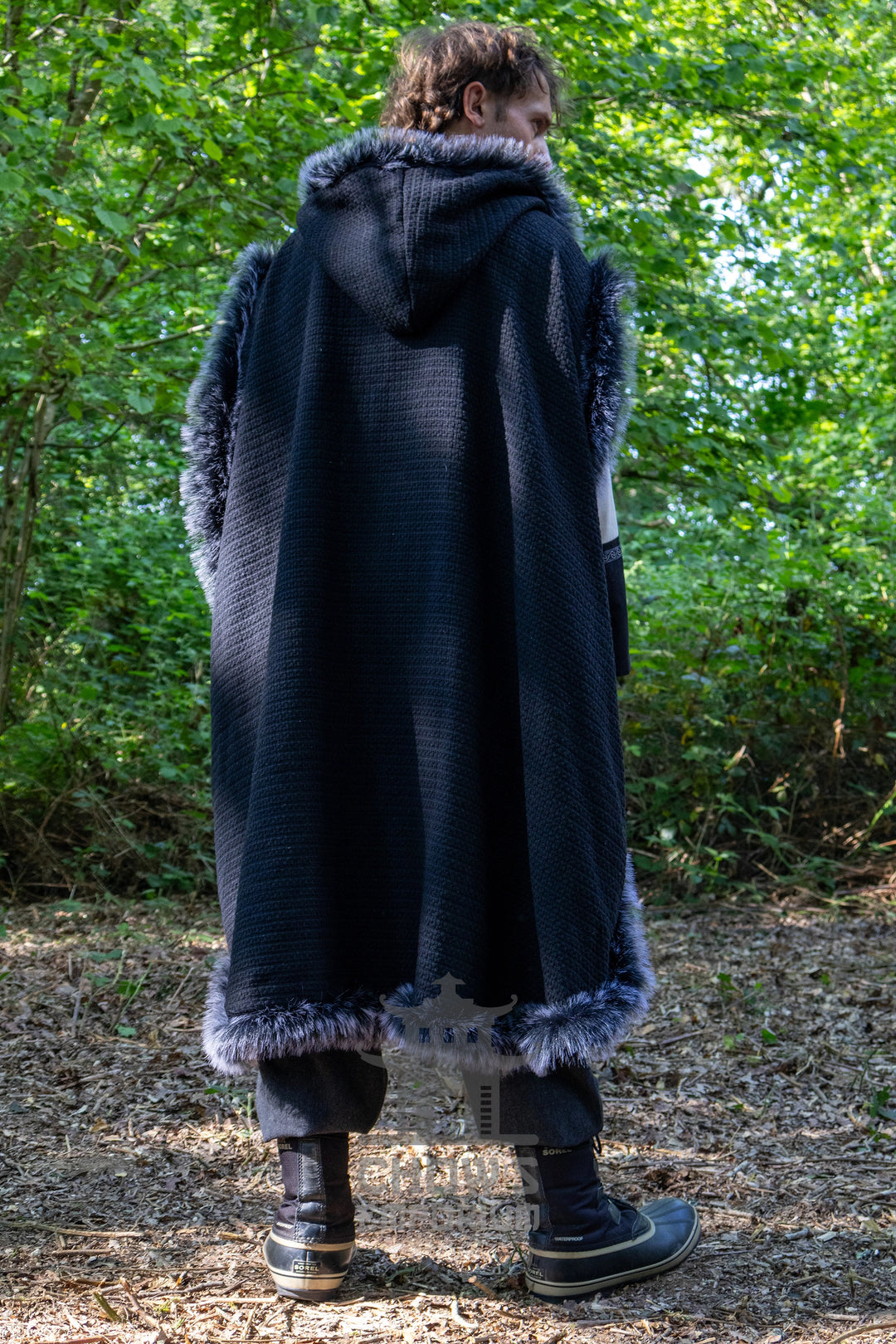 Black Viking Fur-Trim Cape with Sash