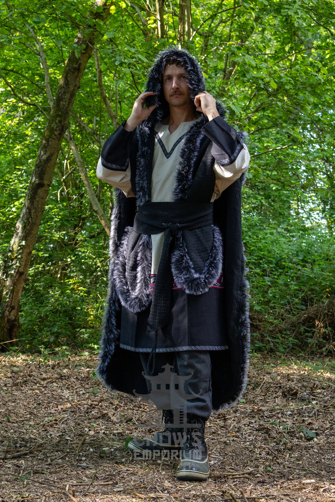 Black Viking Fur-Trim Cape with Sash