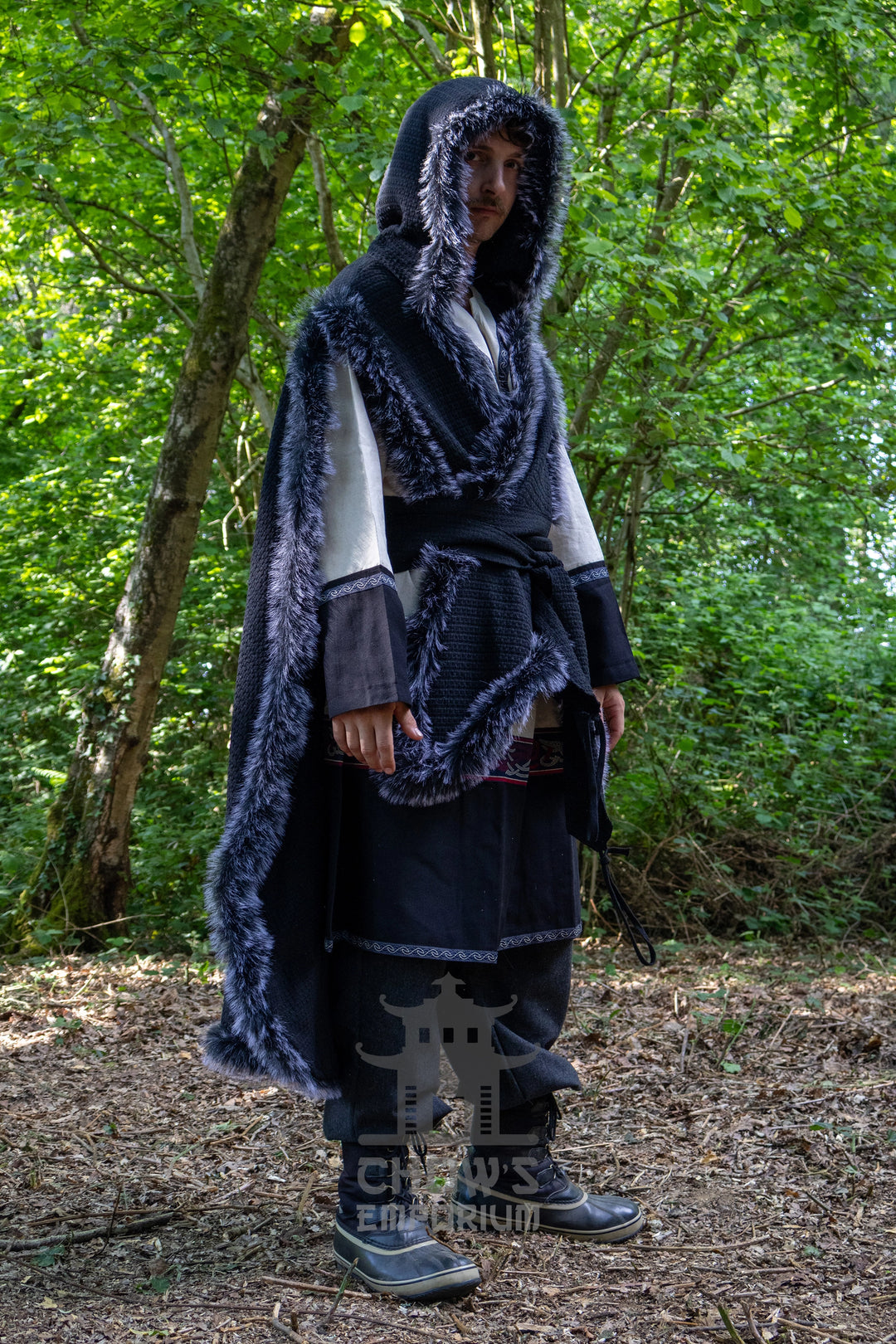 Black Viking Fur-Trim Cape with Sash