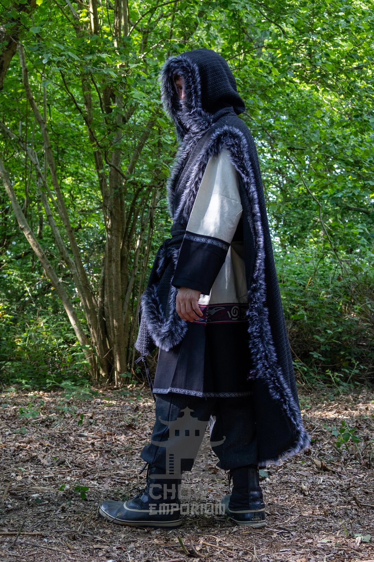 Black Viking Fur-Trim Cape with Sash