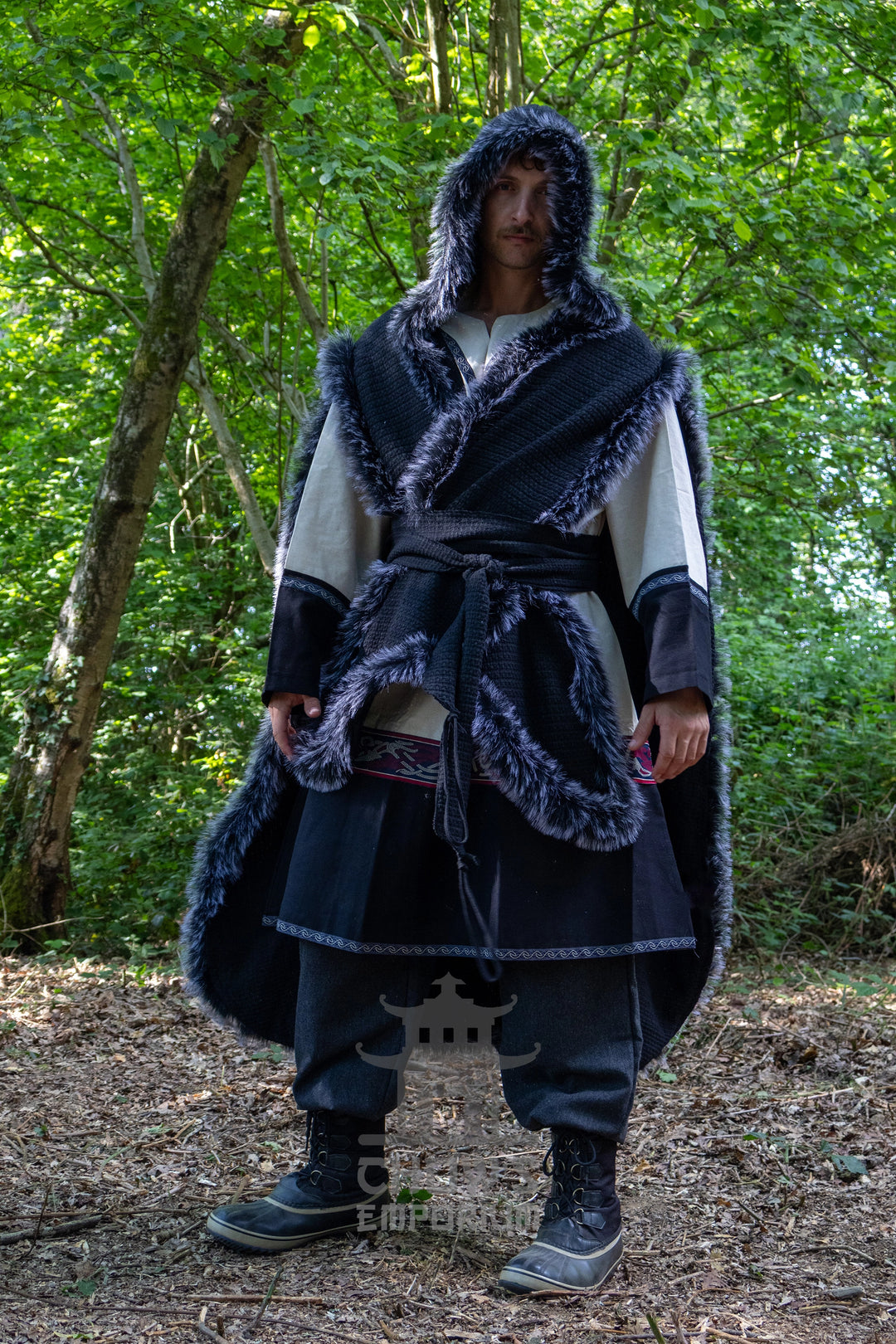 Black Viking Fur-Trim Cape with Sash