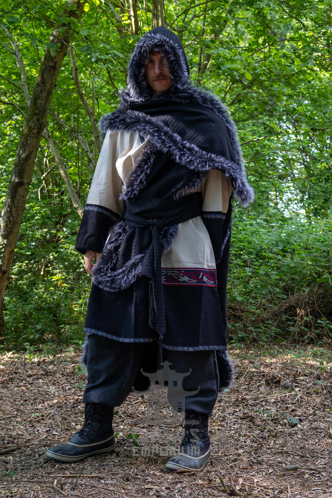 Black Viking Fur-Trim Cape with Sash