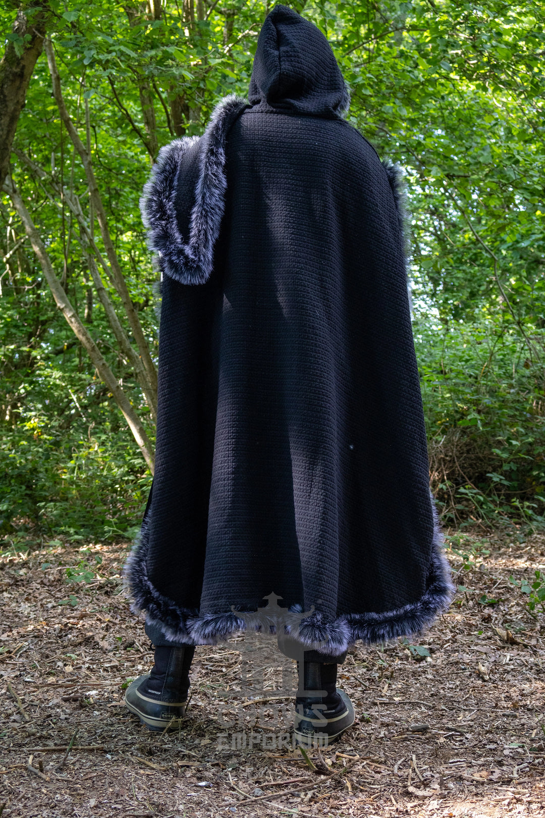 Black Viking Fur-Trim Cape with Sash
