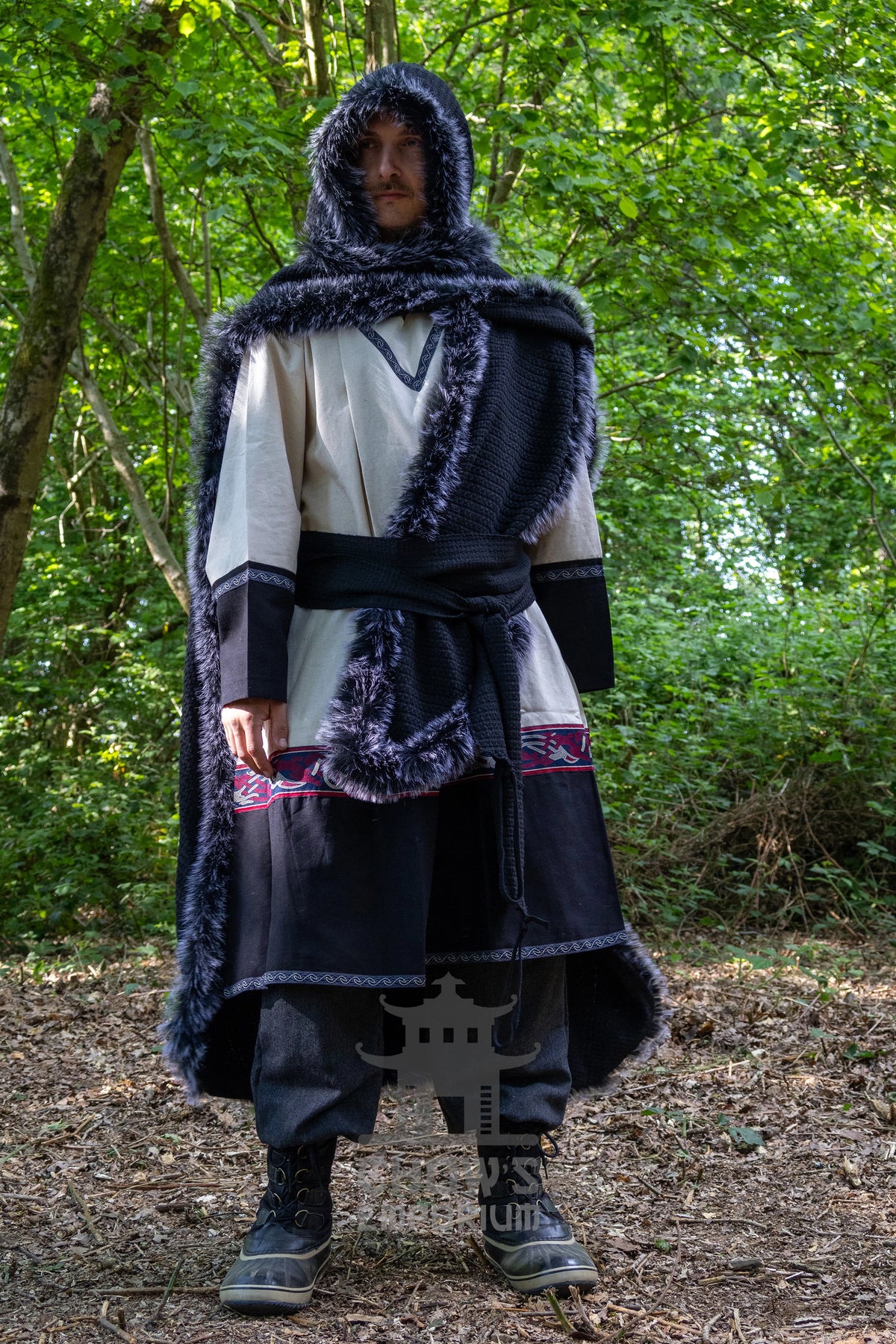 Black Viking Fur-Trim Cape with Sash