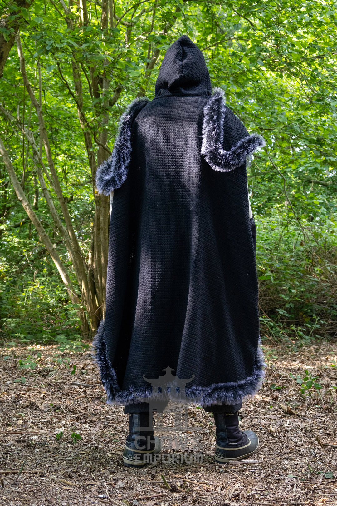 Black Viking Fur-Trim Cape with Sash