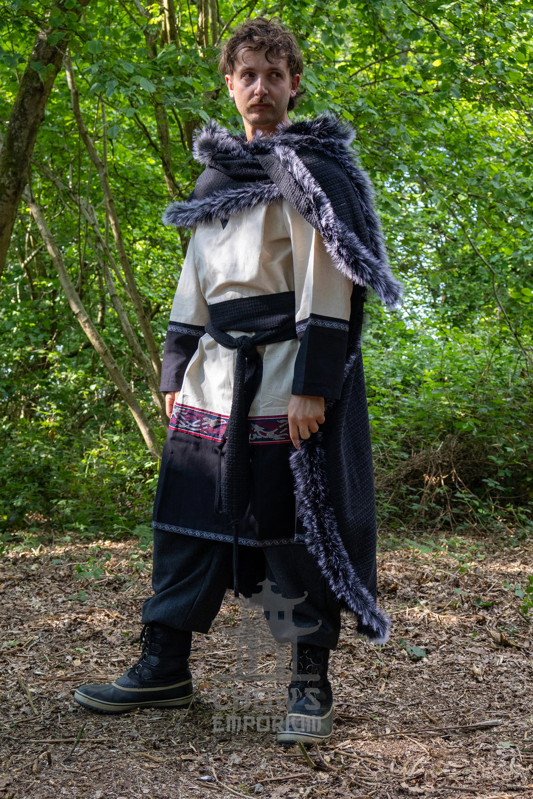 Black Viking Fur-Trim Cape with Sash