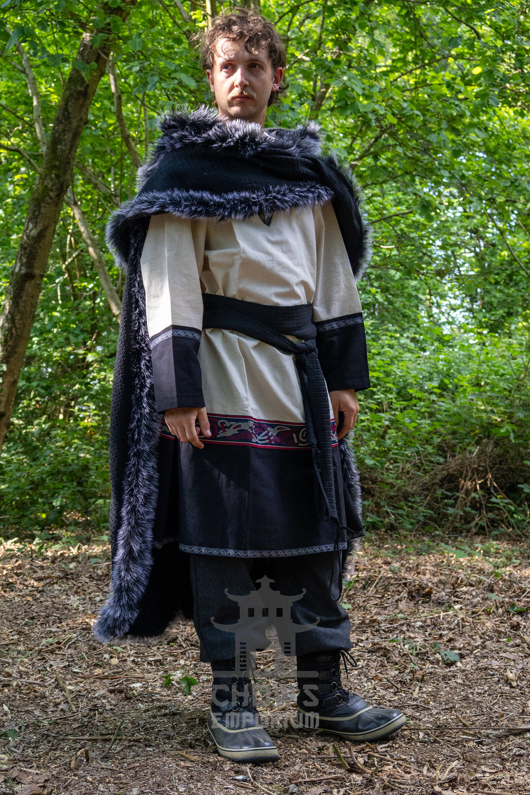 Black Viking Fur-Trim Cape with Sash