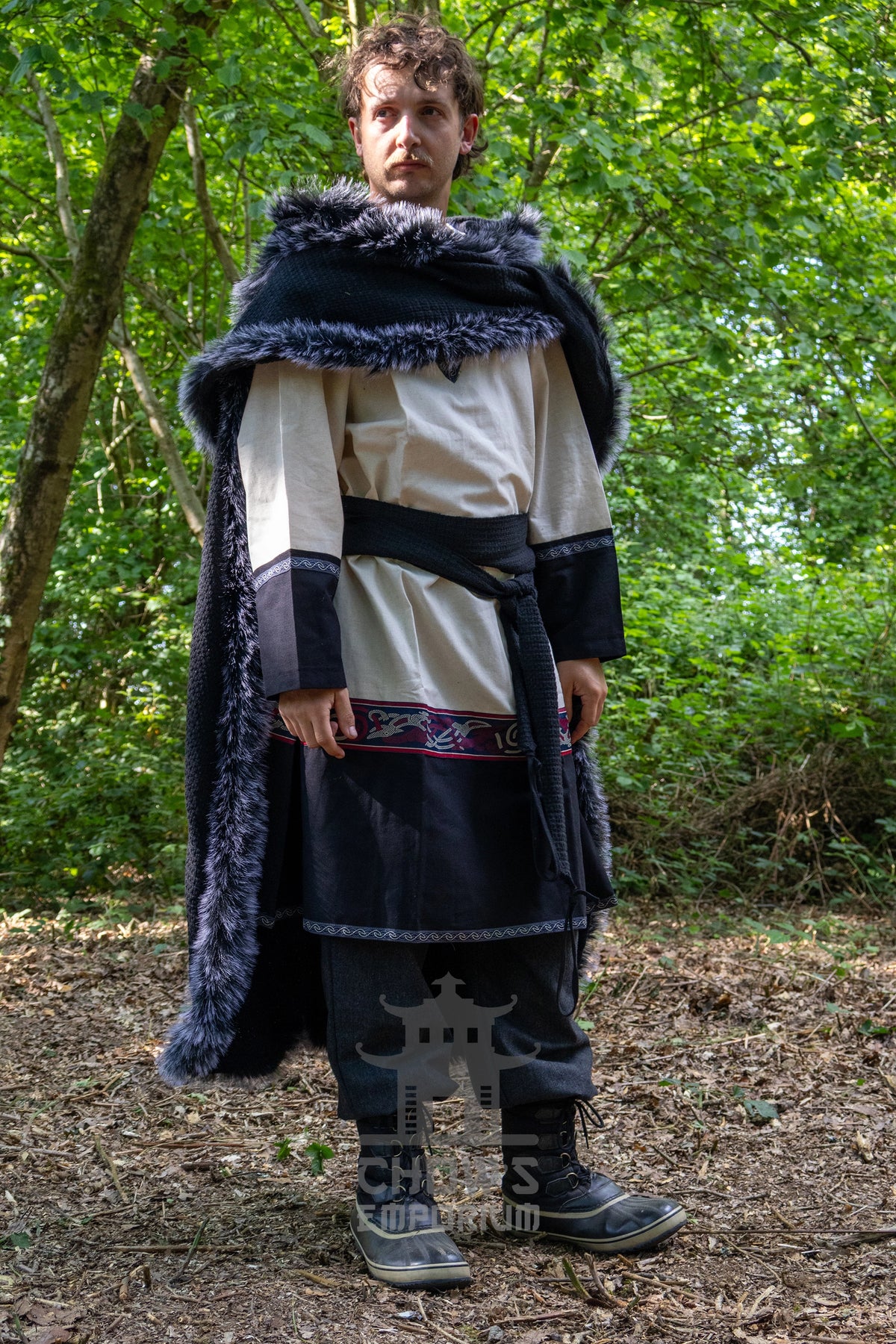 Black Viking Fur-Trim Cape with Sash