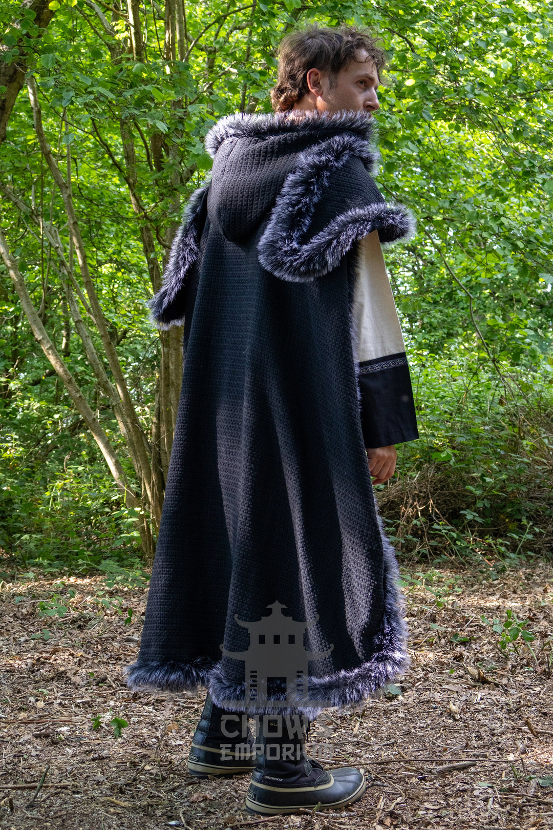 Black Viking Fur-Trim Cape with Sash