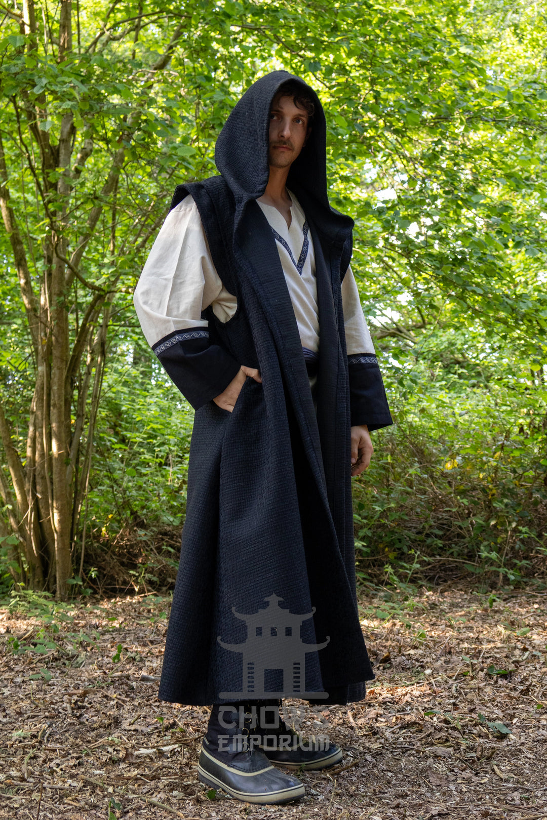Medieval Hooded Sleeveless Robe in Black