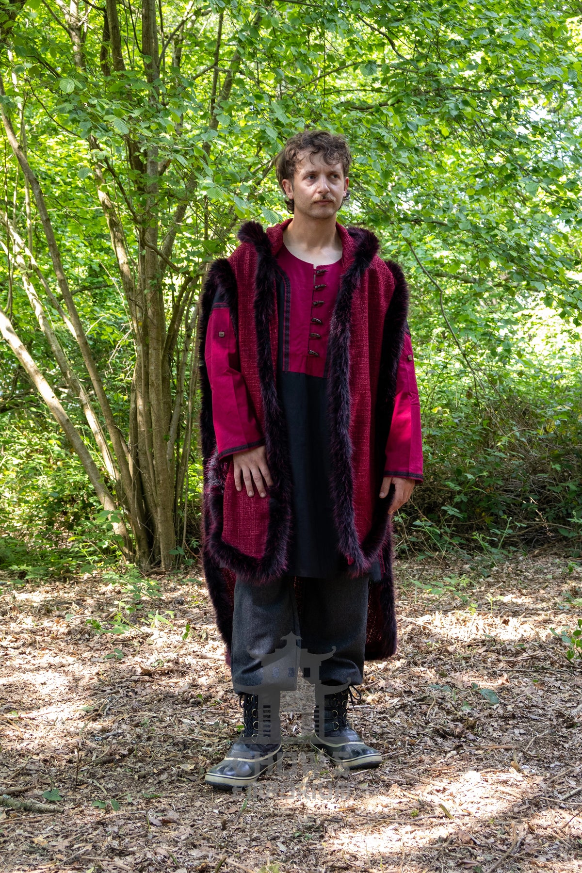Red and Black Viking Fur-Trim Cape with Sash