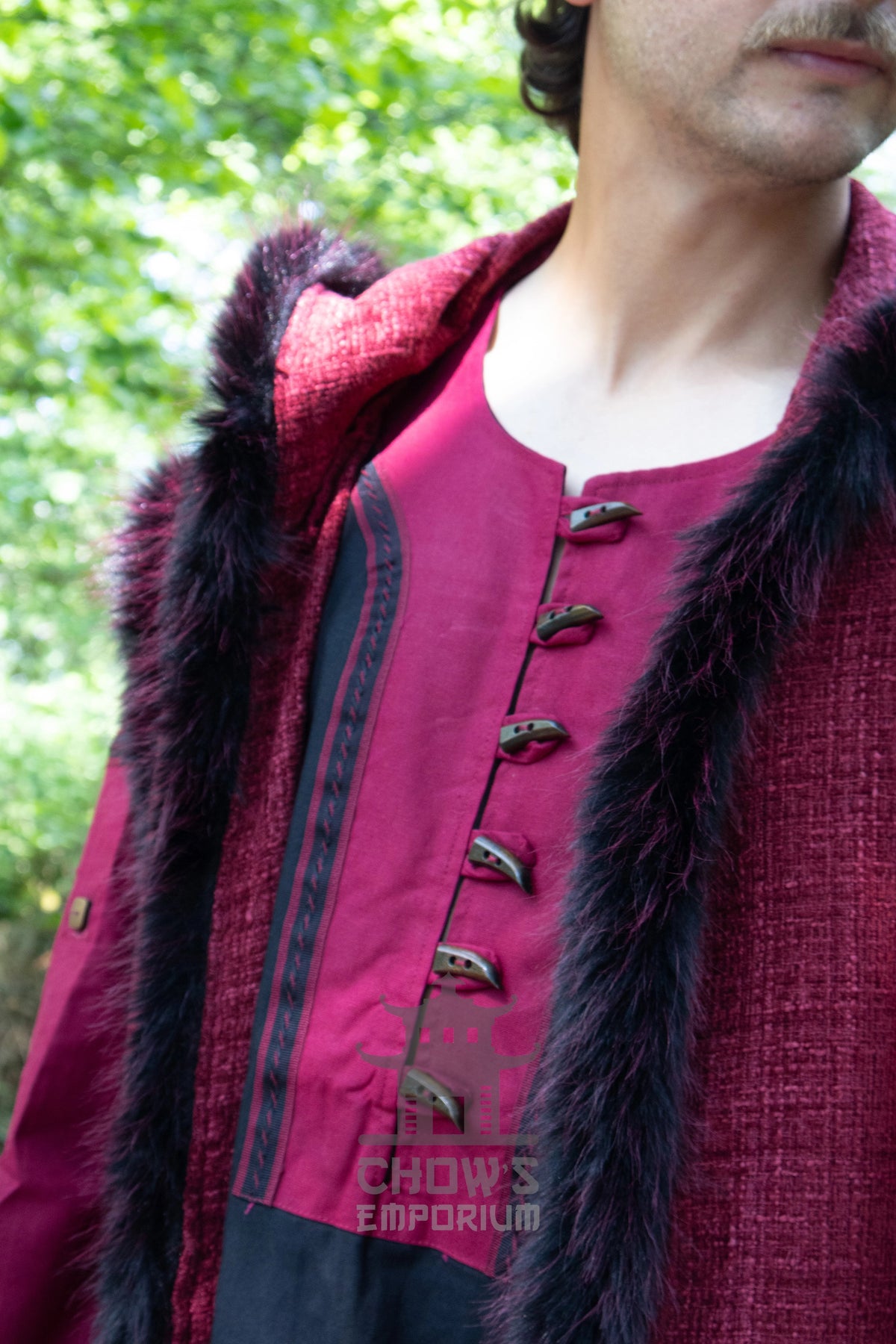 Red and Black Viking Fur-Trim Cape with Sash