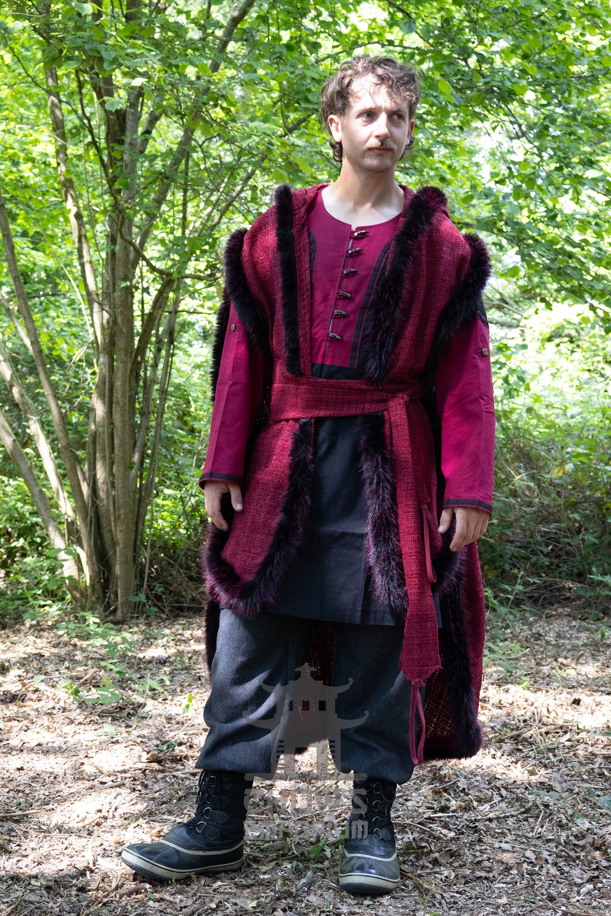 Red and Black Viking Fur-Trim Cape with Sash