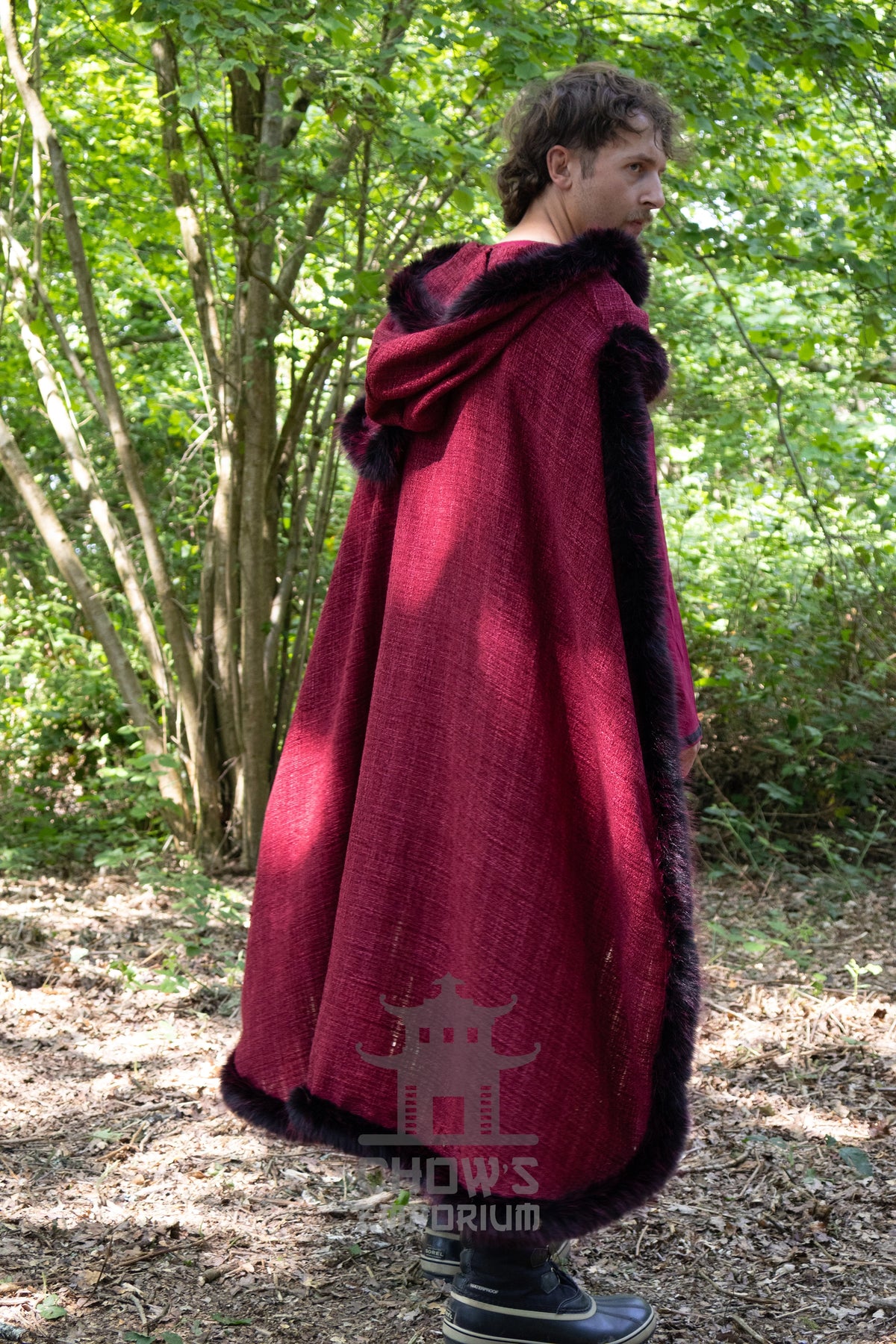 Red and Black Viking Fur-Trim Cape with Sash