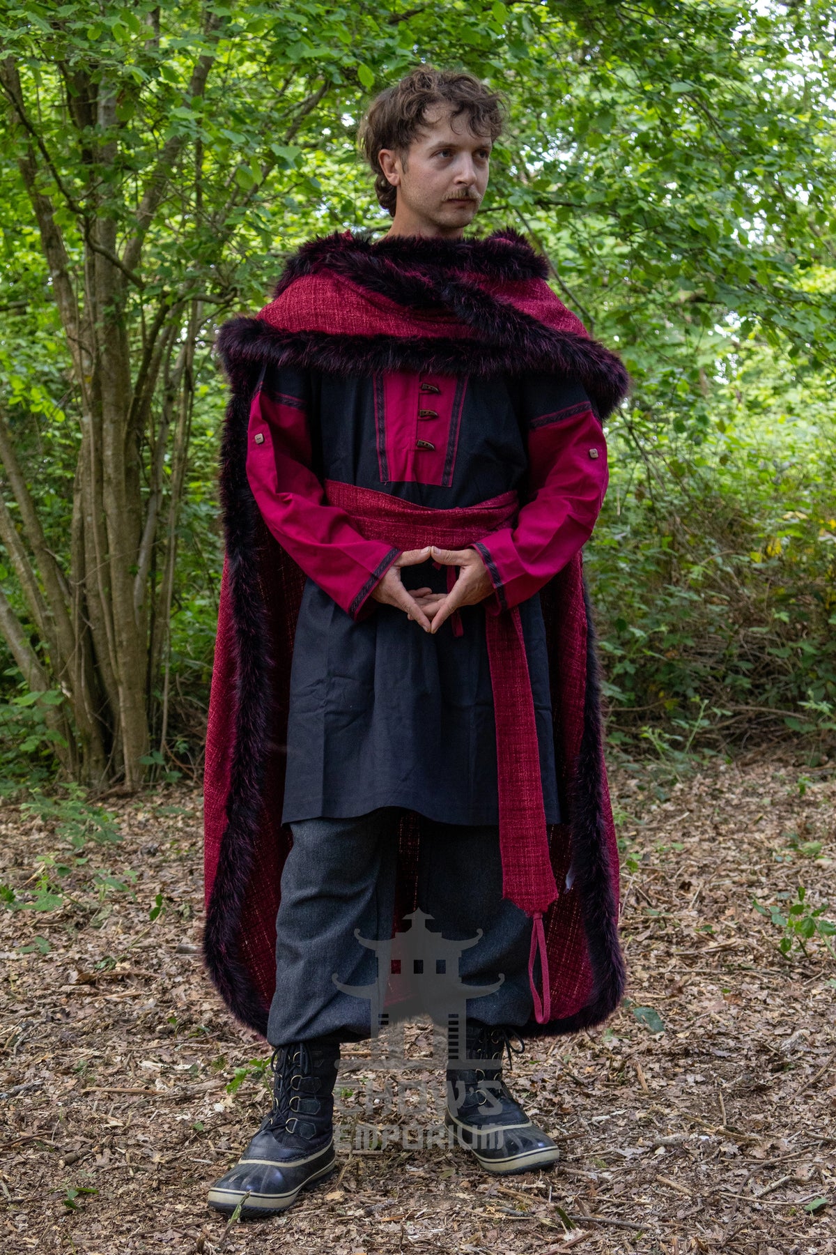 Red and Black Viking Fur-Trim Cape with Sash