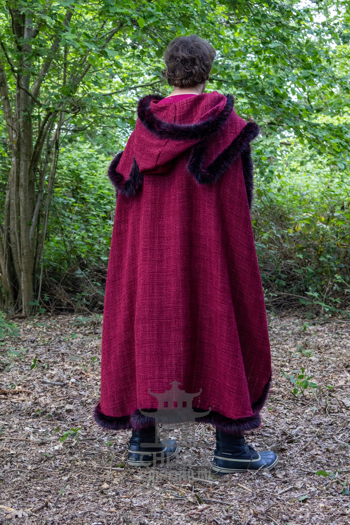 Red and Black Viking Fur-Trim Cape with Sash
