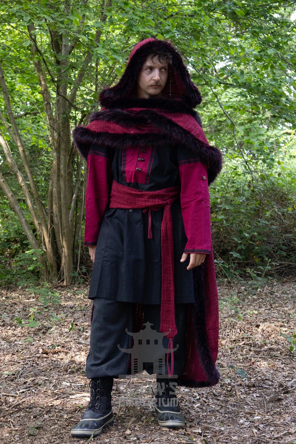 Red and Black Viking Fur-Trim Cape with Sash
