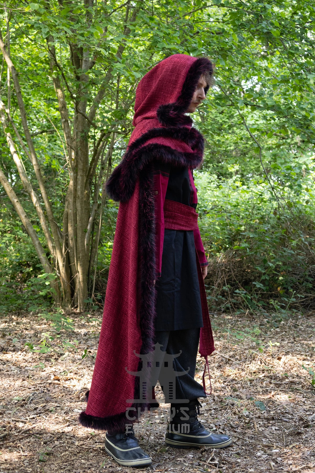 Red and Black Viking Fur-Trim Cape with Sash