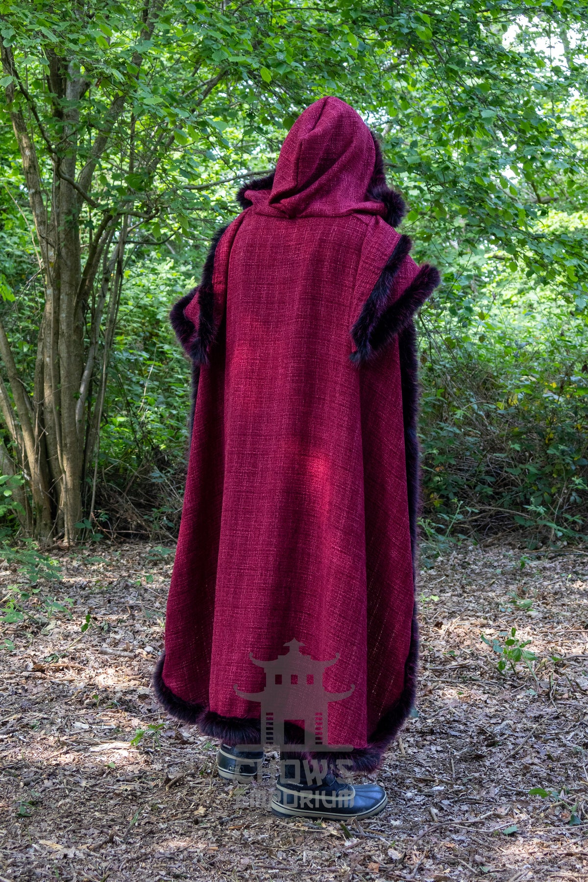 Red and Black Viking Fur-Trim Cape with Sash