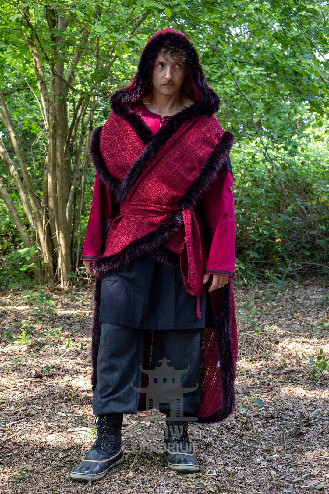 Red and Black Viking Fur-Trim Cape with Sash