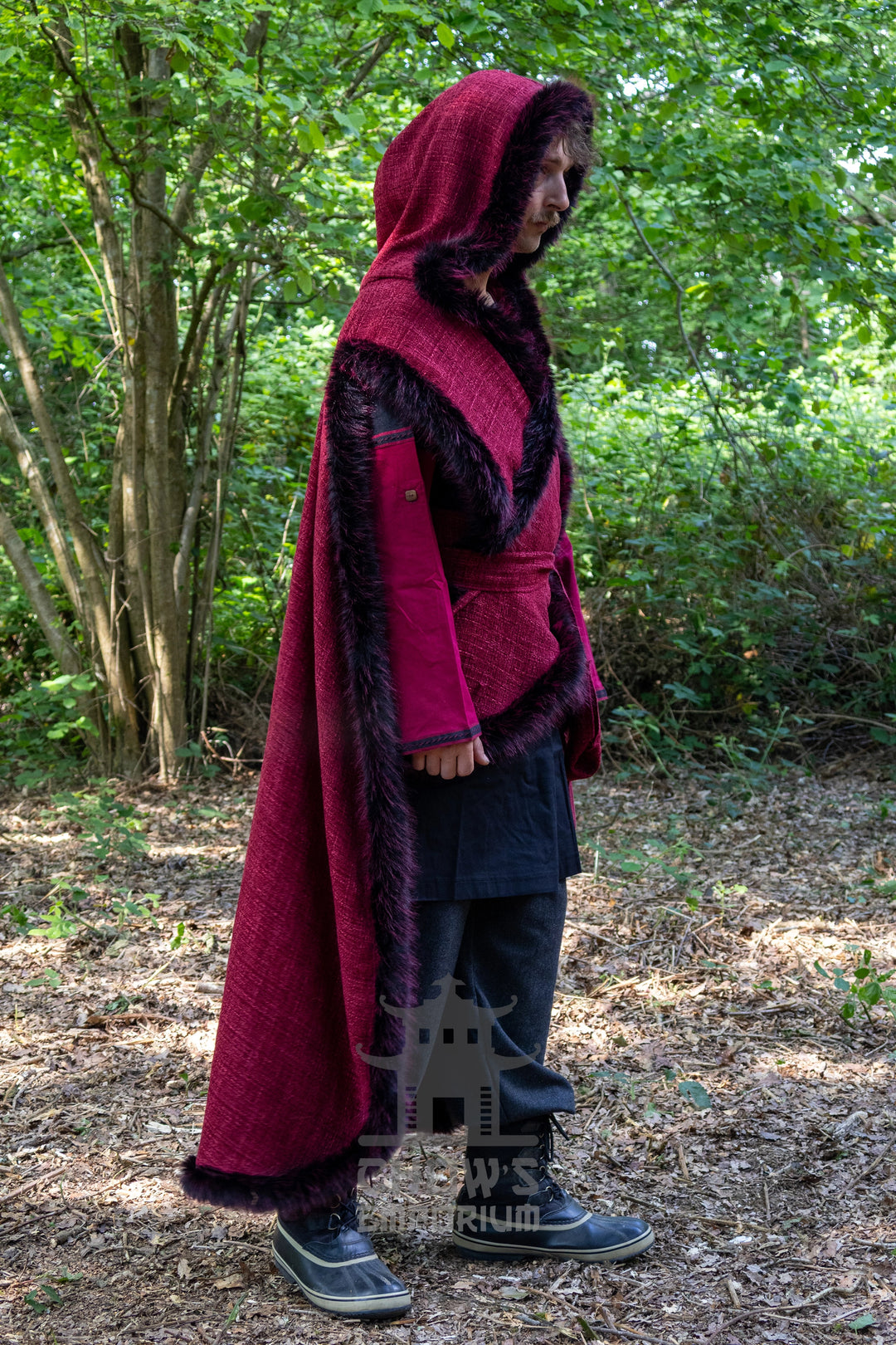 Red and Black Viking Fur-Trim Cape with Sash