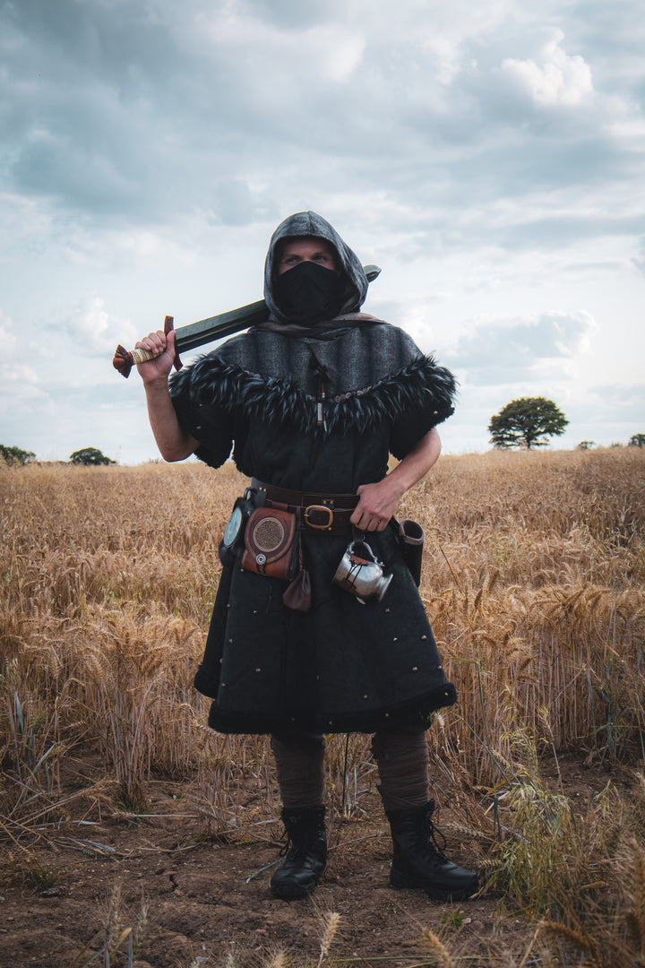 Barbarian Fighter Armour - 2 Piece Set (Black Faux Leather Tunic & Mohair Wrap Around Hood)