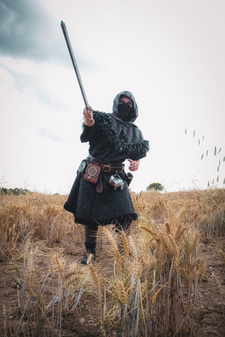 Barbarian Fighter Armour - 2 Piece Set (Black Faux Leather Tunic & Mohair Wrap Around Hood)