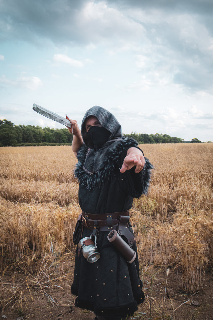Barbarian Fighter Armour - 2 Piece Set (Black Faux Leather Tunic & Mohair Wrap Around Hood)