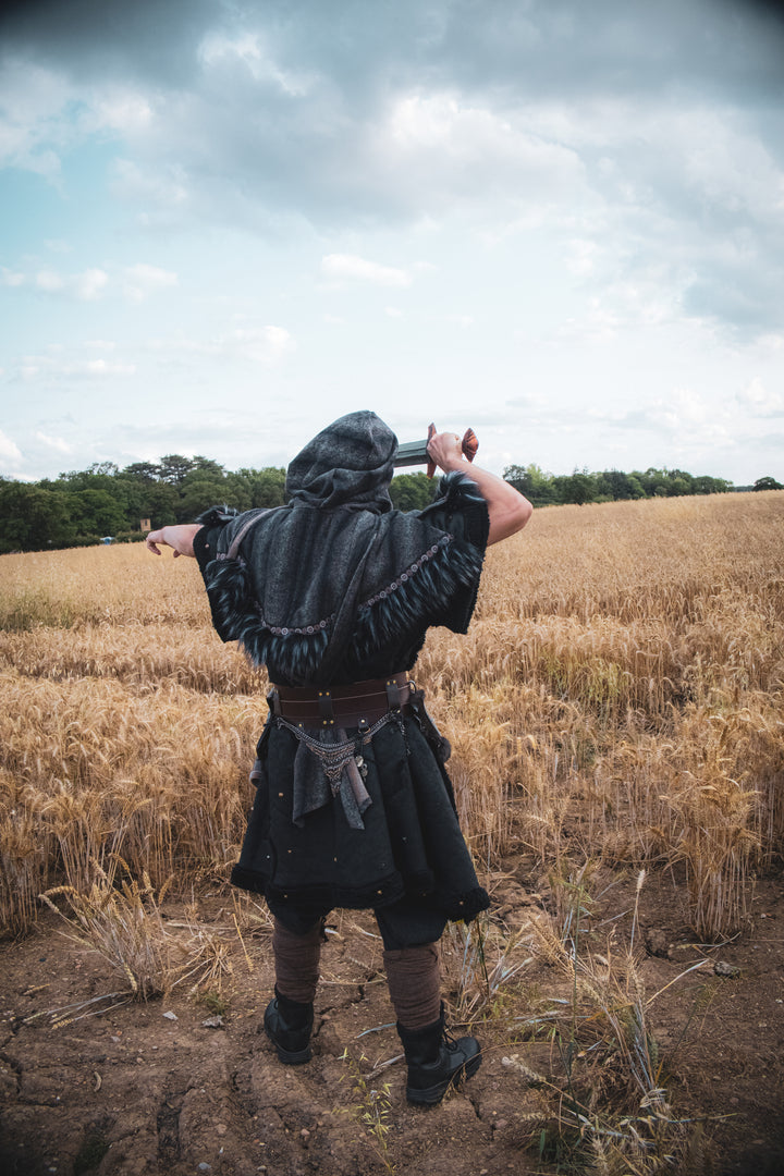 Barbarian Fighter Armour - 2 Piece Set (Black Faux Leather Tunic & Mohair Wrap Around Hood)